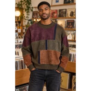 Rare VTG Saxony Collection Mens Patchwork Leather Knit Sweater Brown Green L